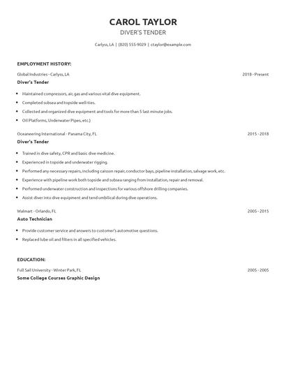 Diver's Tender Resume