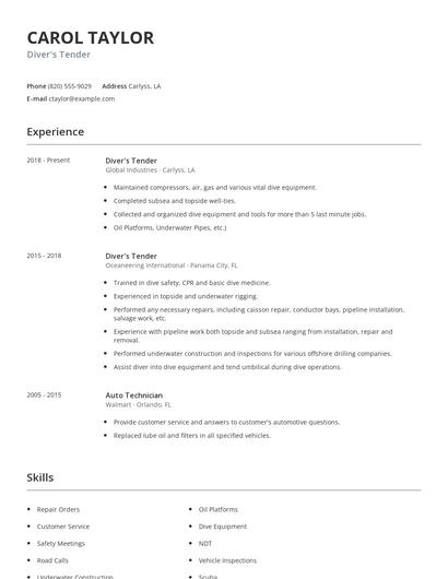 Diver's Tender Resume