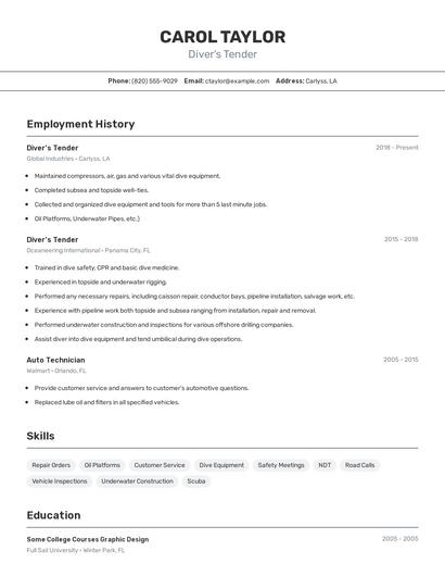 Diver's Tender Resume