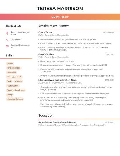 Diver's Tender Resume