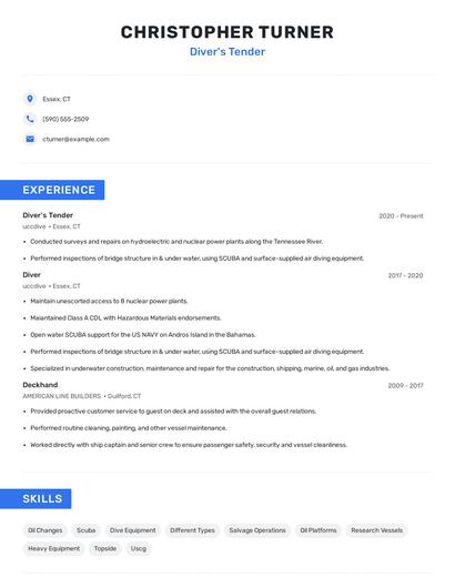 Diver's Tender Resume