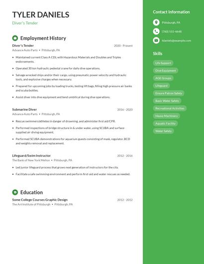 Diver's Tender Resume