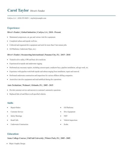 Diver's Tender Resume