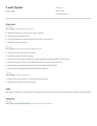 Diver's Tender Resume