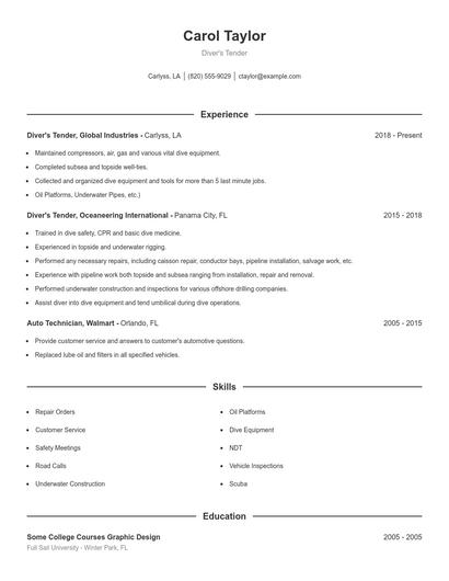 Diver's Tender Resume