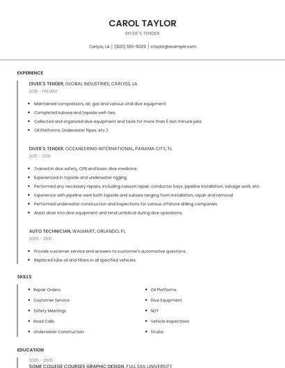 Diver's Tender Resume