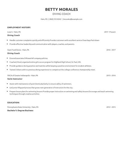 Diving Coach Resume
