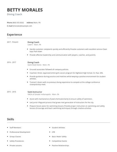 Diving Coach Resume