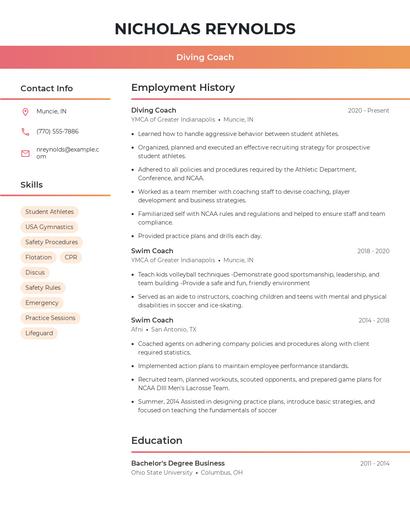 Diving Coach Resume