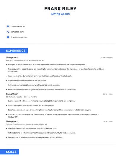 Diving Coach Resume