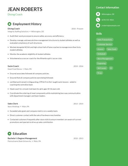 Diving Coach Resume