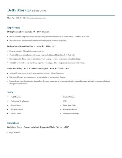 Diving Coach Resume