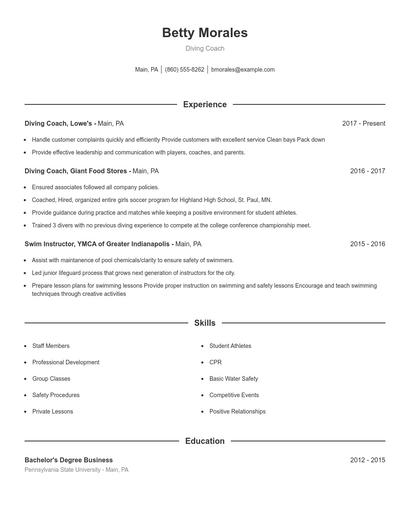 Diving Coach Resume