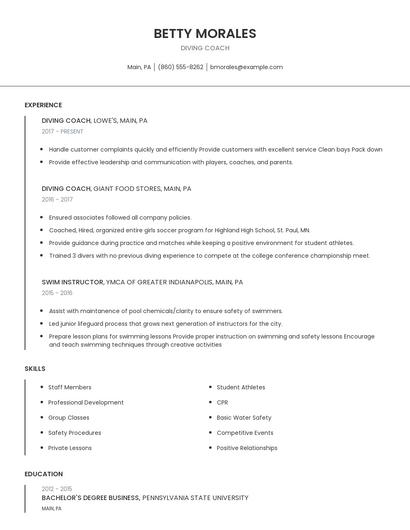 Diving Coach Resume