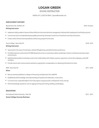 Diving Instructor Resume