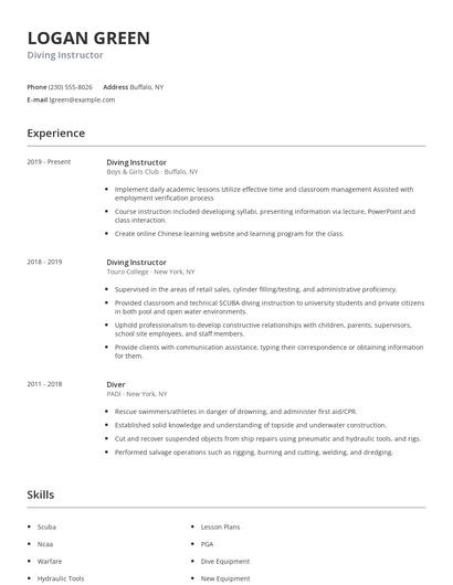 Diving Instructor Resume