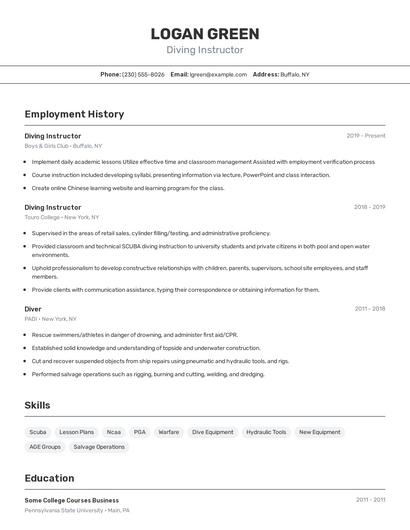 Diving Instructor Resume