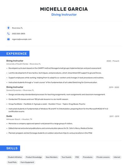 Diving Instructor Resume