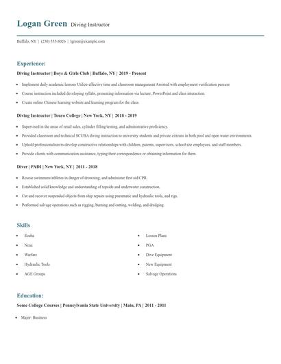 Diving Instructor Resume