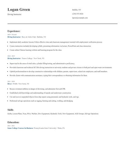 Diving Instructor Resume