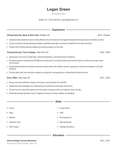 Diving Instructor Resume