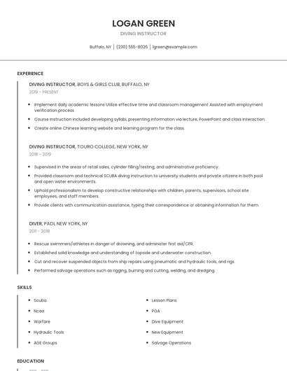 Diving Instructor Resume