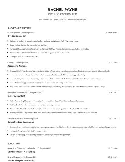 Division Controller Resume