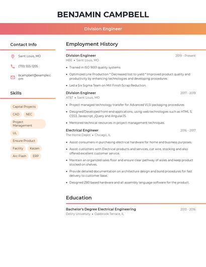 Division Engineer Resume