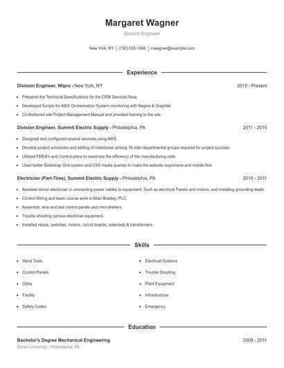 Division Engineer Resume