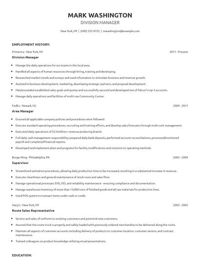 Division Manager Resume