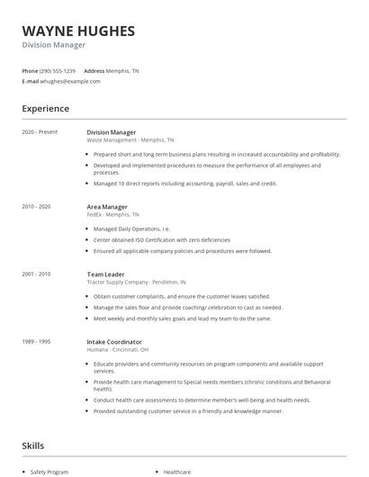 Division Manager Resume