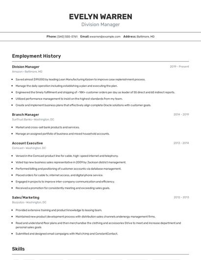Division Manager Resume