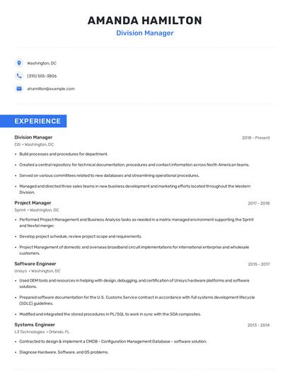 Division Manager Resume