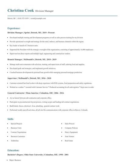 Division Manager Resume