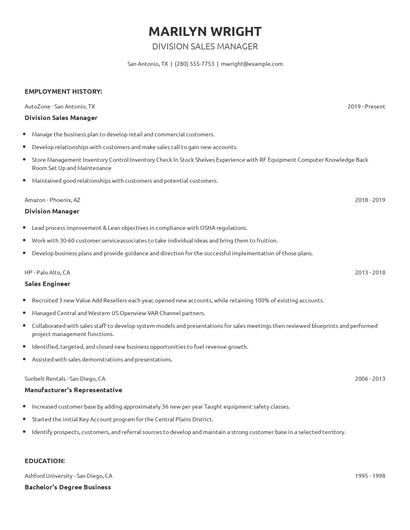 Division Sales Manager Resume
