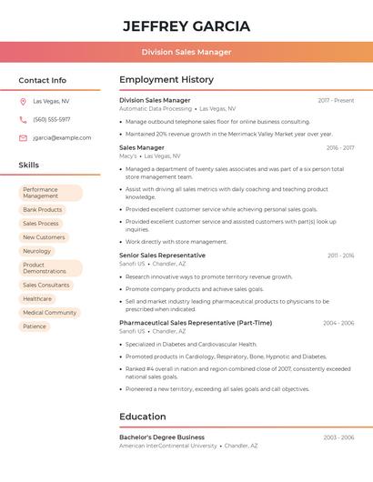 Division Sales Manager Resume