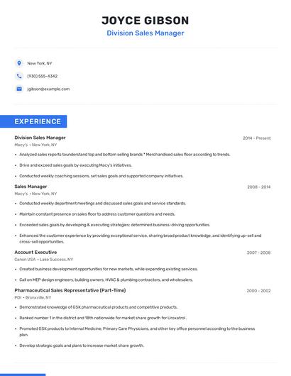 Division Sales Manager Resume