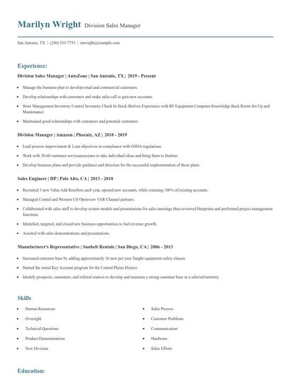 Division Sales Manager Resume