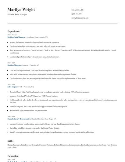Division Sales Manager Resume