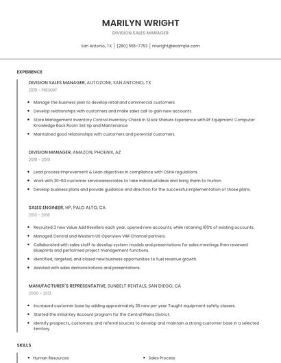 Division Sales Manager Resume