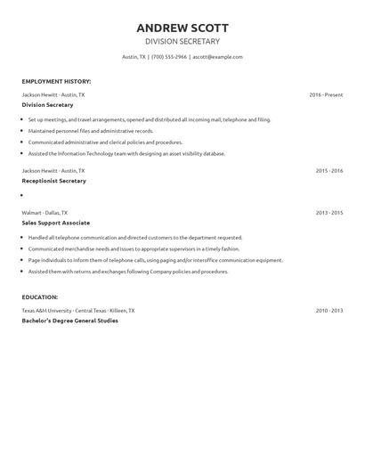 Division Secretary Resume