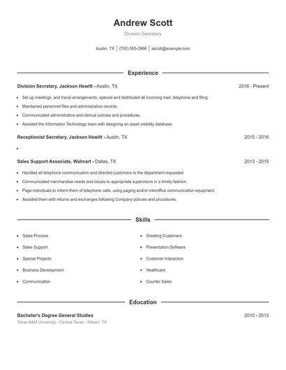Division Secretary Resume