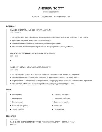 Division Secretary Resume