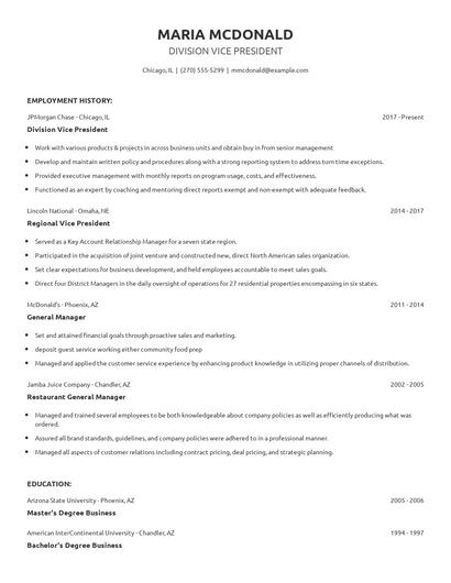 Division Vice President Resume
