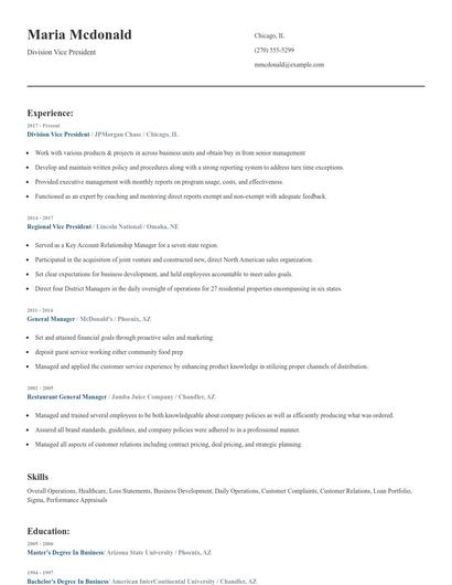 Division Vice President Resume