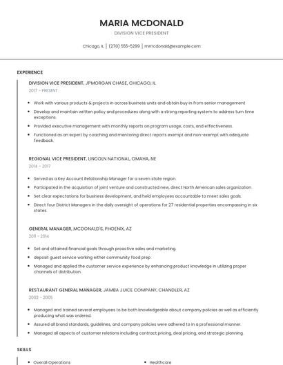 Division Vice President Resume