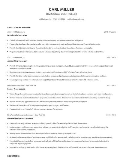 Divisional Controller Resume