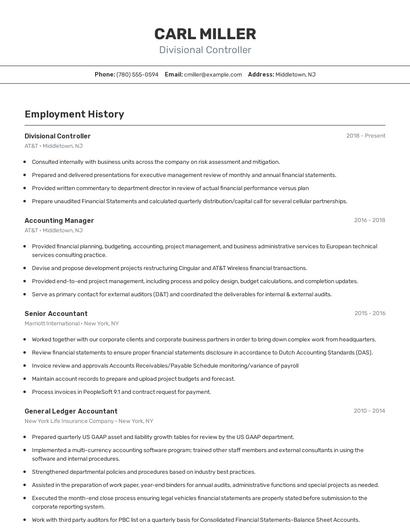 Divisional Controller Resume