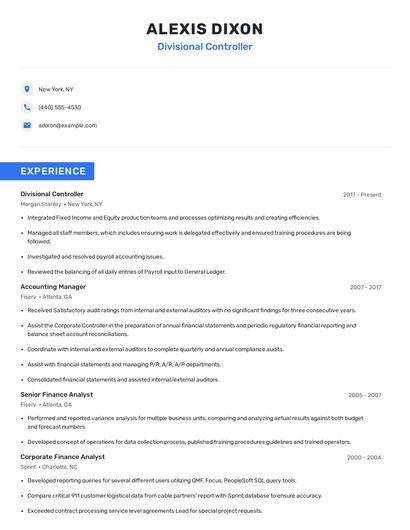 Divisional Controller Resume