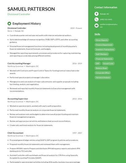Divisional Controller Resume